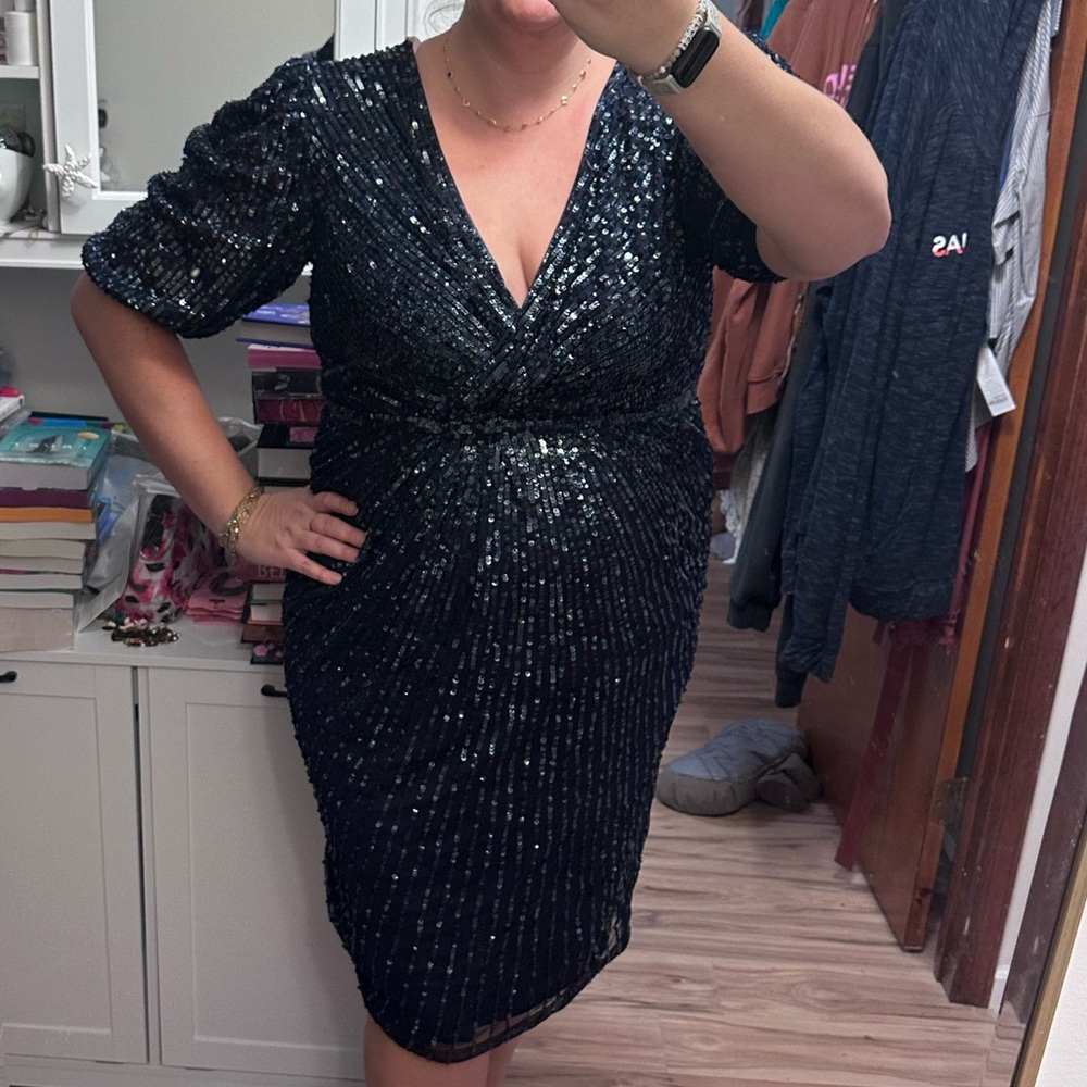 Mac Duggal Navy with silver Sequin Midi Dress